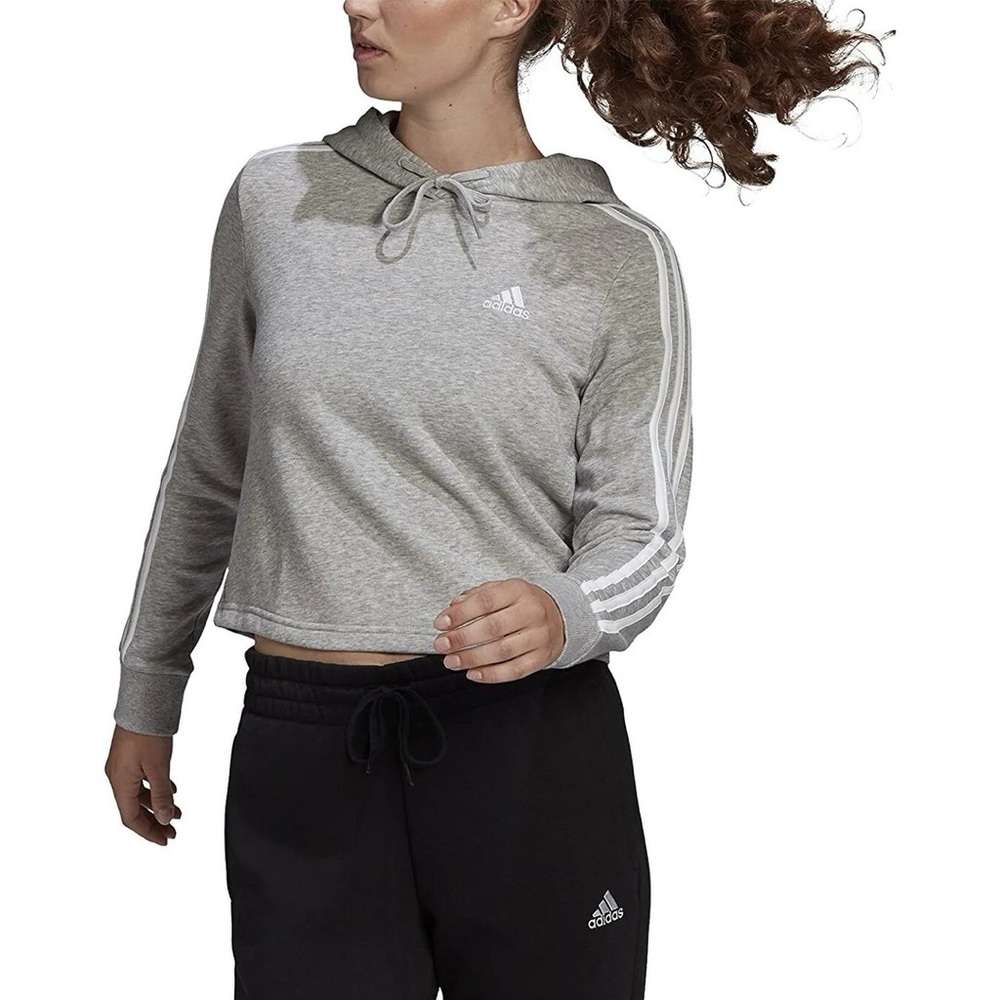 Adidas Women's Light Gray 3-Stripes Cropped Hoodie size L